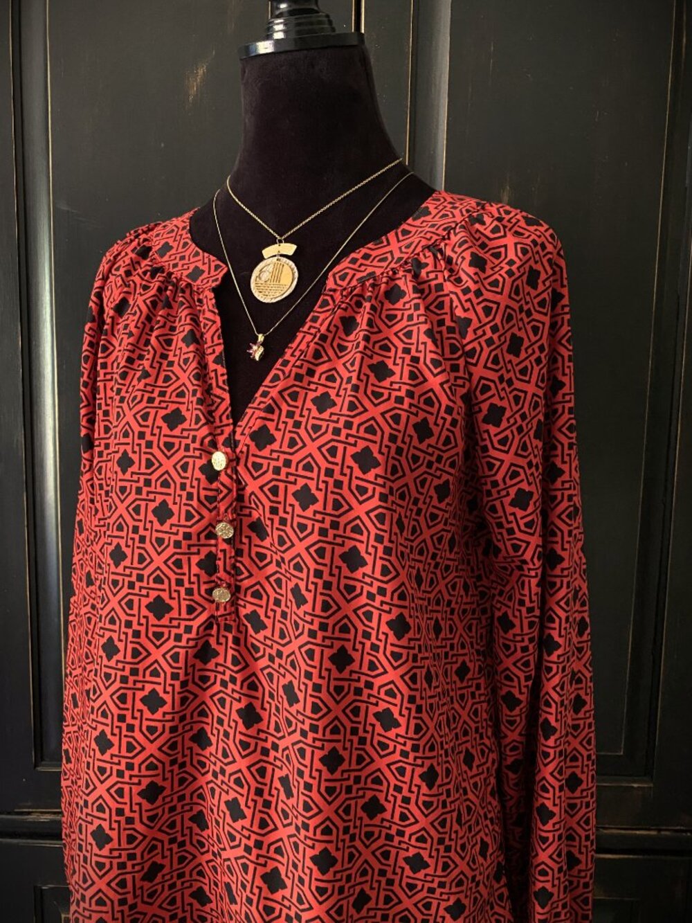 MUD PIE Red & Black Geometric Print Peasant Long Sleeve Blouse | Size: Medium